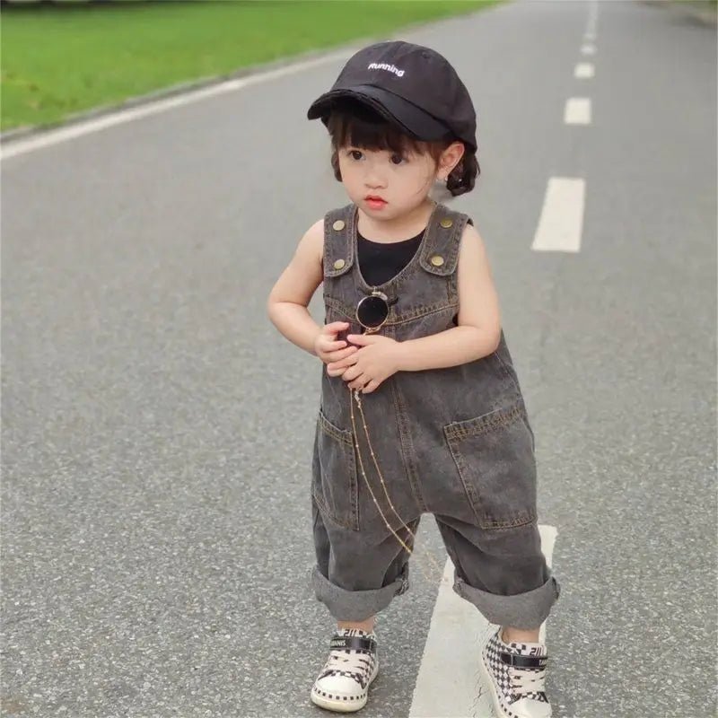 2 - 9Y Children's Jeans Pants Korean Spring Summer New 2024 Girls Boys Grey Retro Soft Denim Overall Baby Kid Cute Big PP Jumpsuit - JAC