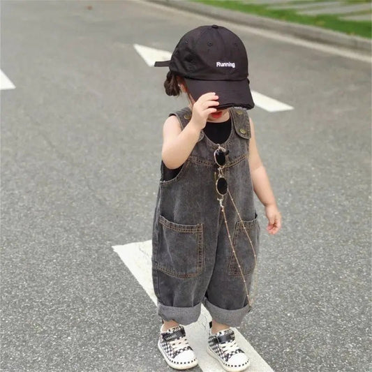 2 - 9Y Children's Jeans Pants Korean Spring Summer New 2024 Girls Boys Grey Retro Soft Denim Overall Baby Kid Cute Big PP Jumpsuit - JAC