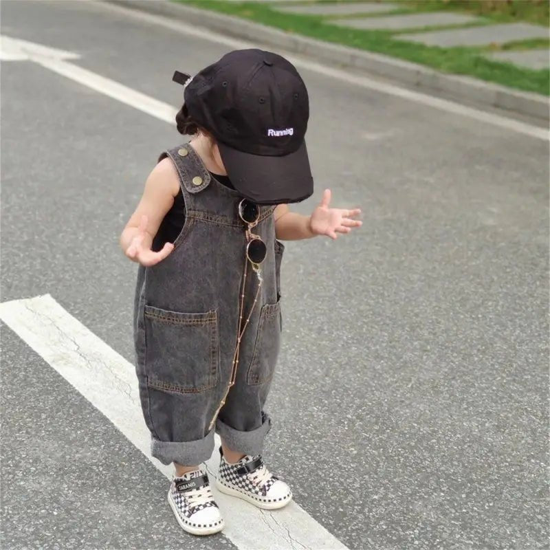 2 - 9Y Children's Jeans Pants Korean Spring Summer New 2024 Girls Boys Grey Retro Soft Denim Overall Baby Kid Cute Big PP Jumpsuit - JAC