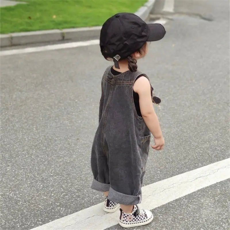 2 - 9Y Children's Jeans Pants Korean Spring Summer New 2024 Girls Boys Grey Retro Soft Denim Overall Baby Kid Cute Big PP Jumpsuit - JAC