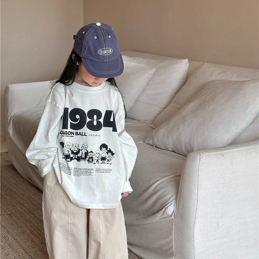 2024 Spring Boys and girls cartoon Letters cotton T shirts Kids O - Neck loose long sleeve Tops - JAC