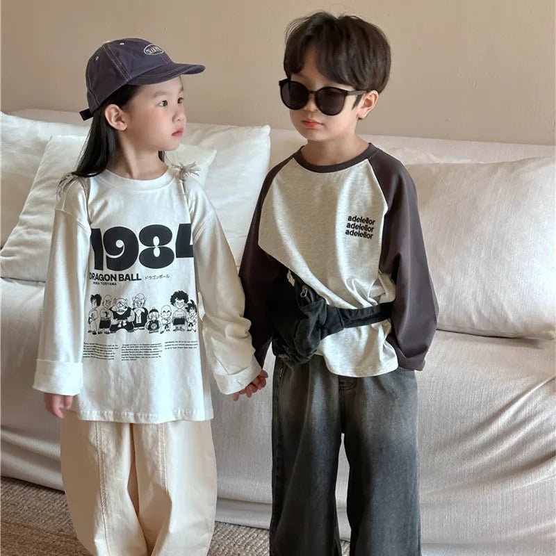 2024 Spring Boys and girls cartoon Letters cotton T shirts Kids O - Neck loose long sleeve Tops - JAC