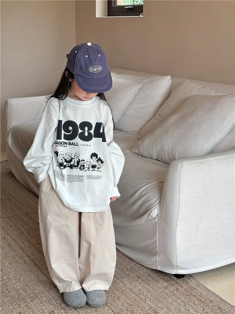 2024 Spring Boys and girls cartoon Letters cotton T shirts Kids O - Neck loose long sleeve Tops - JAC