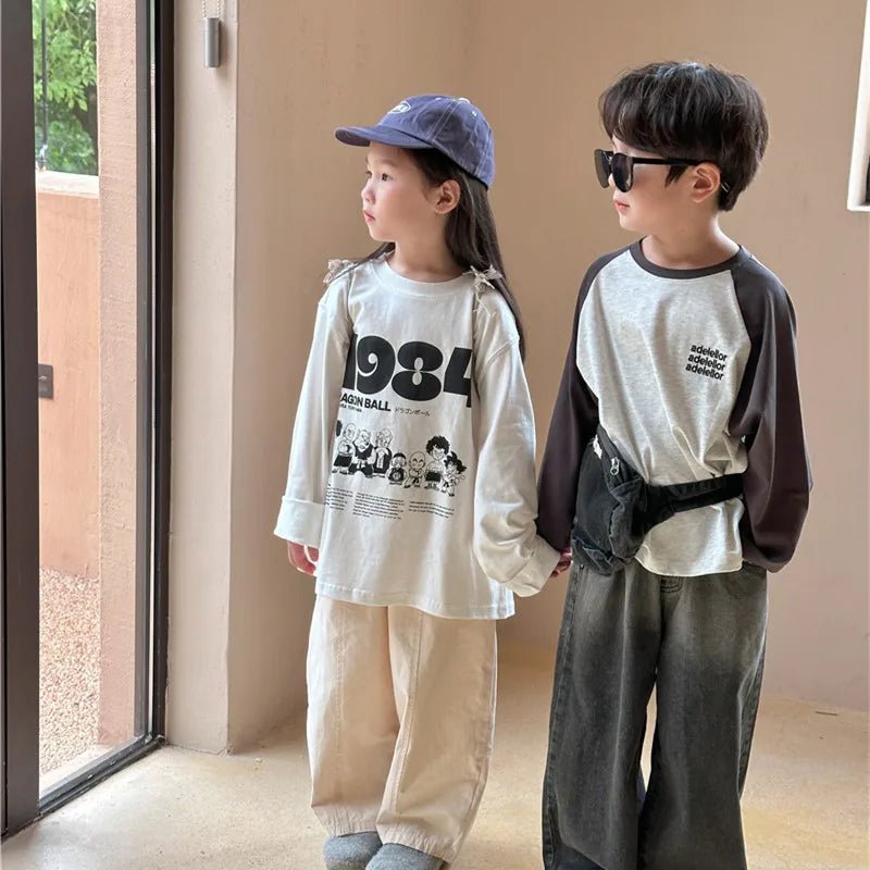 2024 Spring Boys and girls cartoon Letters cotton T shirts Kids O - Neck loose long sleeve Tops - JAC