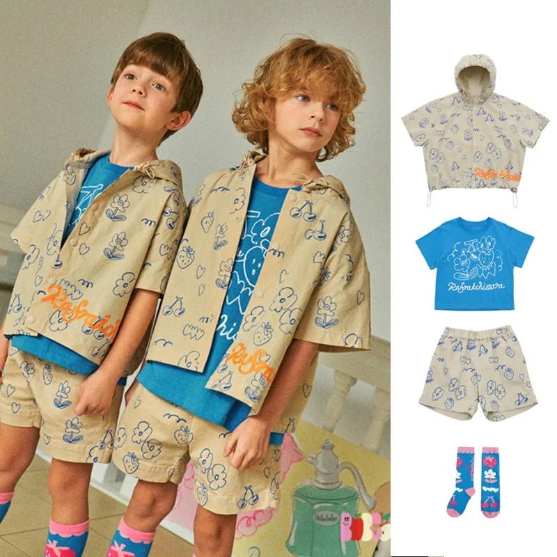 2024 Summer Baby Boy Clothes Set Fashion Cartoon Print Cotton T - shirt Shorts Hooded Cardigan Boy Girl Sports Set Kids Clothes - JAC