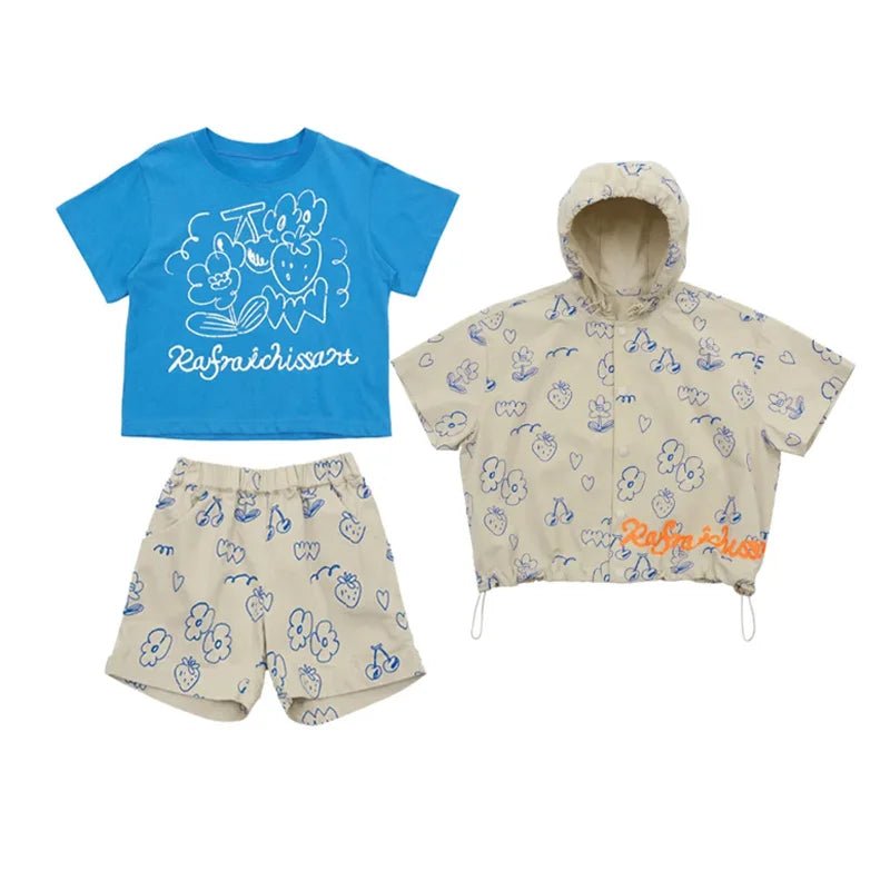 2024 Summer Baby Boy Clothes Set Fashion Cartoon Print Cotton T - shirt Shorts Hooded Cardigan Boy Girl Sports Set Kids Clothes - JAC