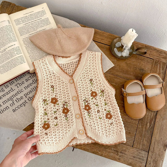 Baby Girl Embroidery Knit Floral Sleeveless Vest | Newborn & Toddler Knitwear