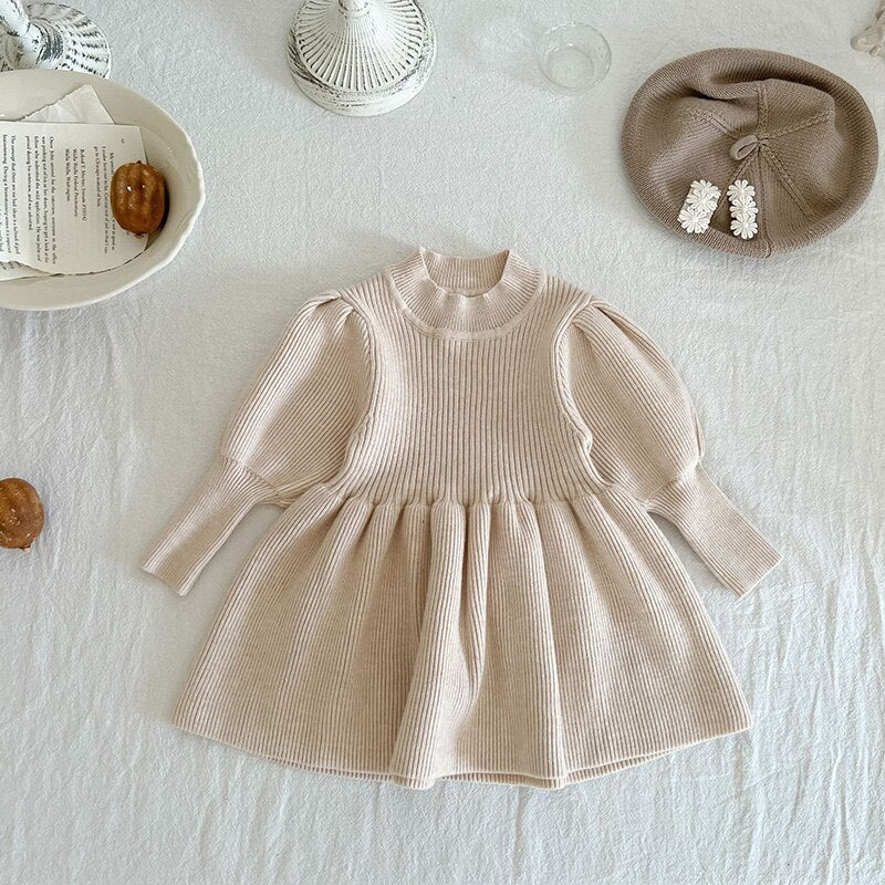 Puff Sleeved Knit Dress for Girls