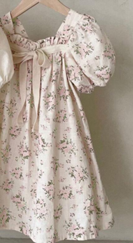 Apricot and Floral Print A - Line Cotton Dress for Girls - JAC