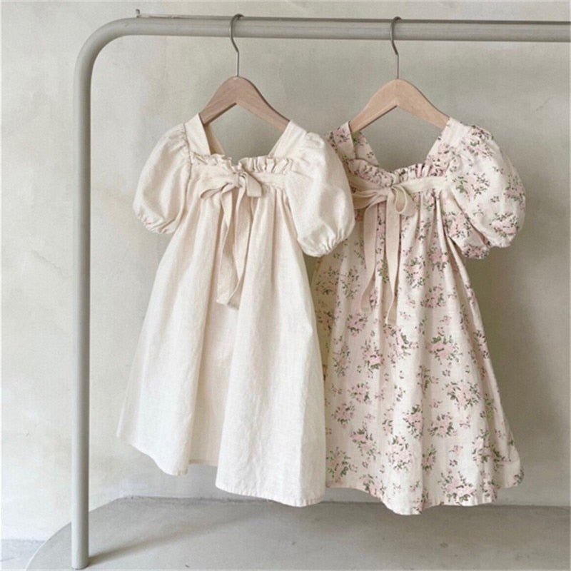 Apricot and Floral Print A - Line Cotton Dress for Girls - JAC