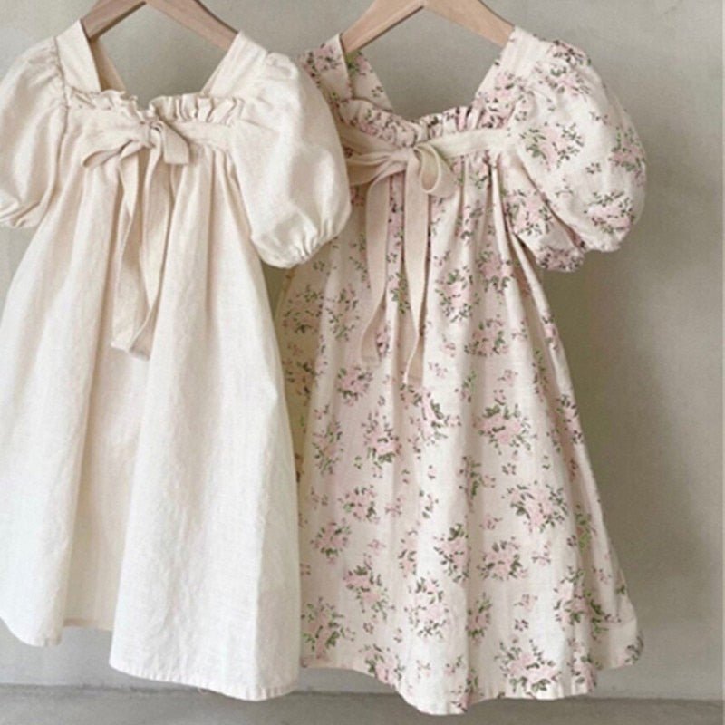 Apricot and Floral Print A - Line Cotton Dress for Girls - JAC