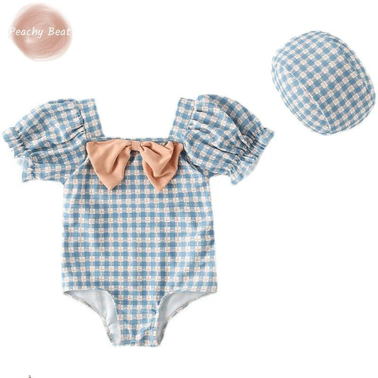 Baby Girl Plaid Puff Sleeve Swim Suit Infant Toddler Child Swimwear+Cap 2PCS Bow Swim Suit Bathing Suit Summer Baby Clothes1 - 10Y - JAC