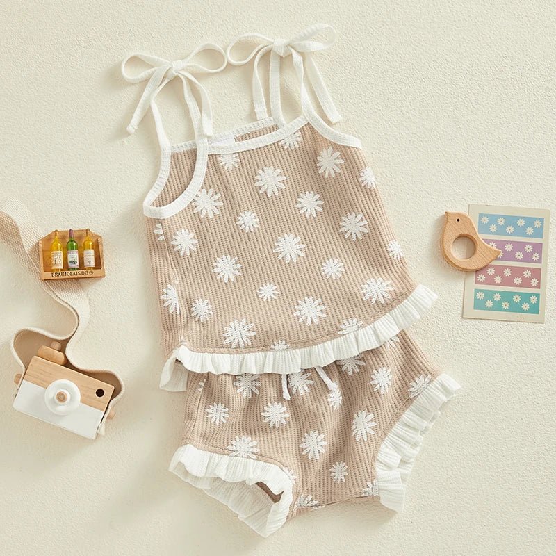 Baby Girls Beige and Pink Floral Ribbed Top with Ruffle Shorts - JAC