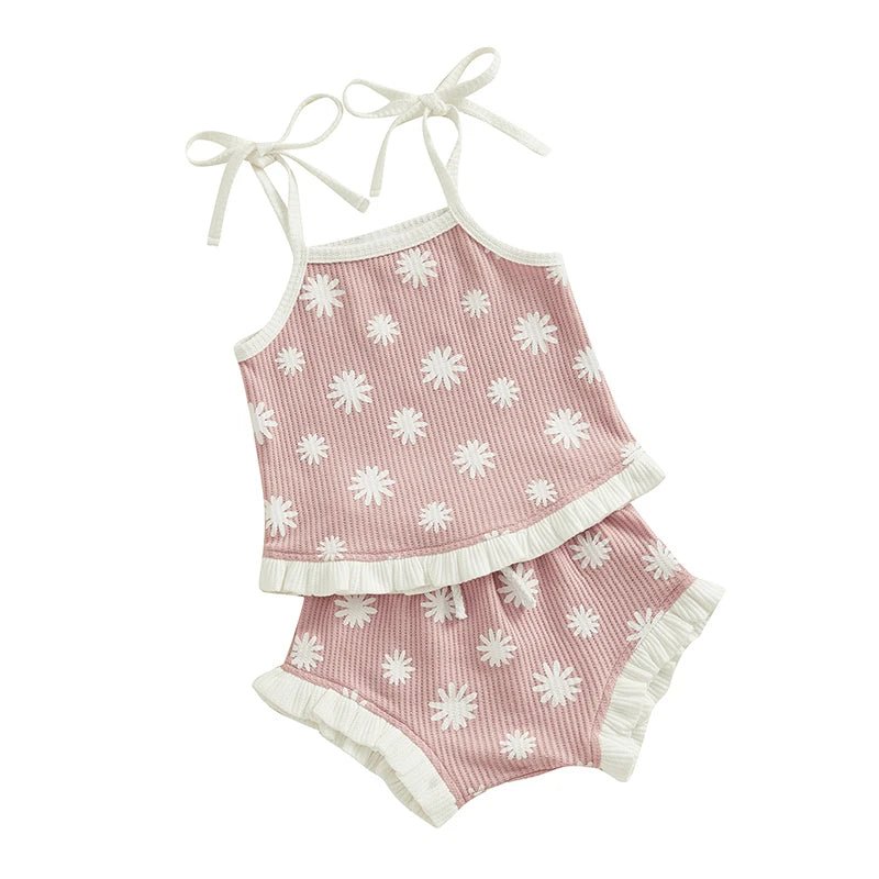 Baby Girls Beige and Pink Floral Ribbed Top with Ruffle Shorts - JAC