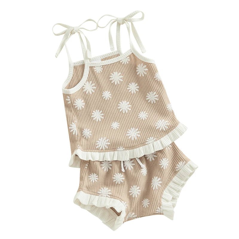 Baby Girls Beige and Pink Floral Ribbed Top with Ruffle Shorts - JAC