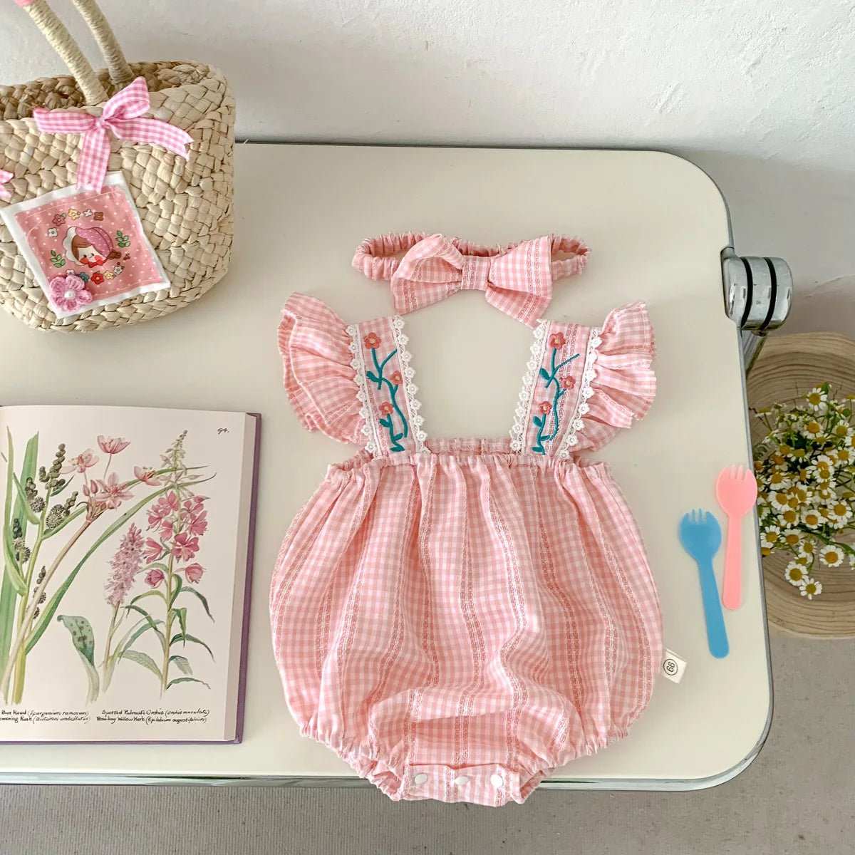 Baby Girls Sleeveless Embroidery Rose Sweet Pink Romper + Headband Suit Newborn Onesies Jumpsuit Summer Baby Clothes Set - JAC