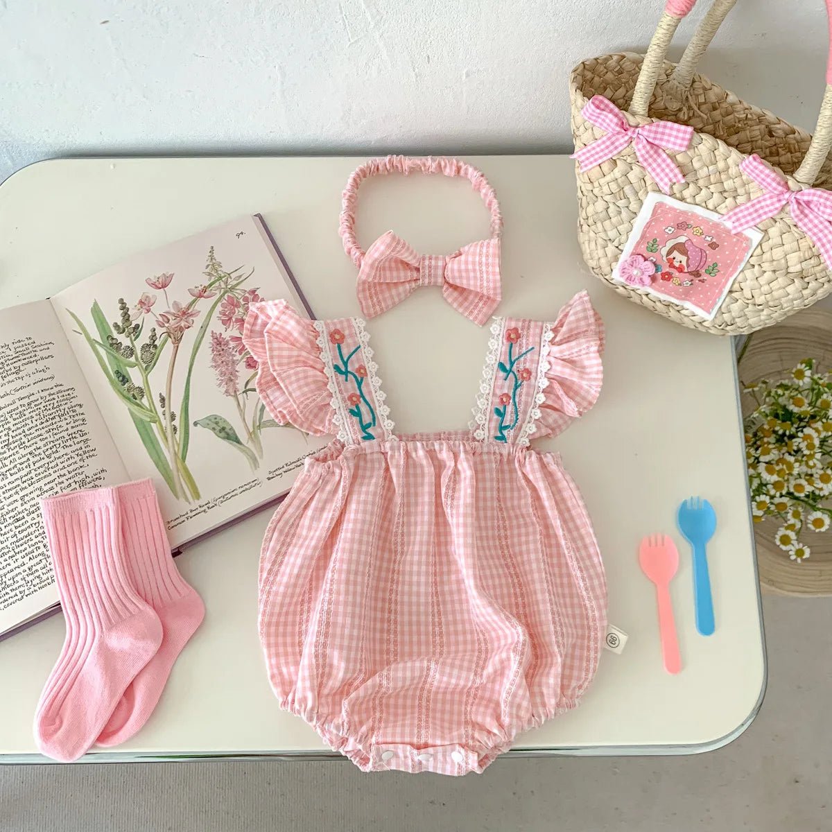 Baby Girls Sleeveless Embroidery Rose Sweet Pink Romper + Headband Suit Newborn Onesies Jumpsuit Summer Baby Clothes Set - JAC