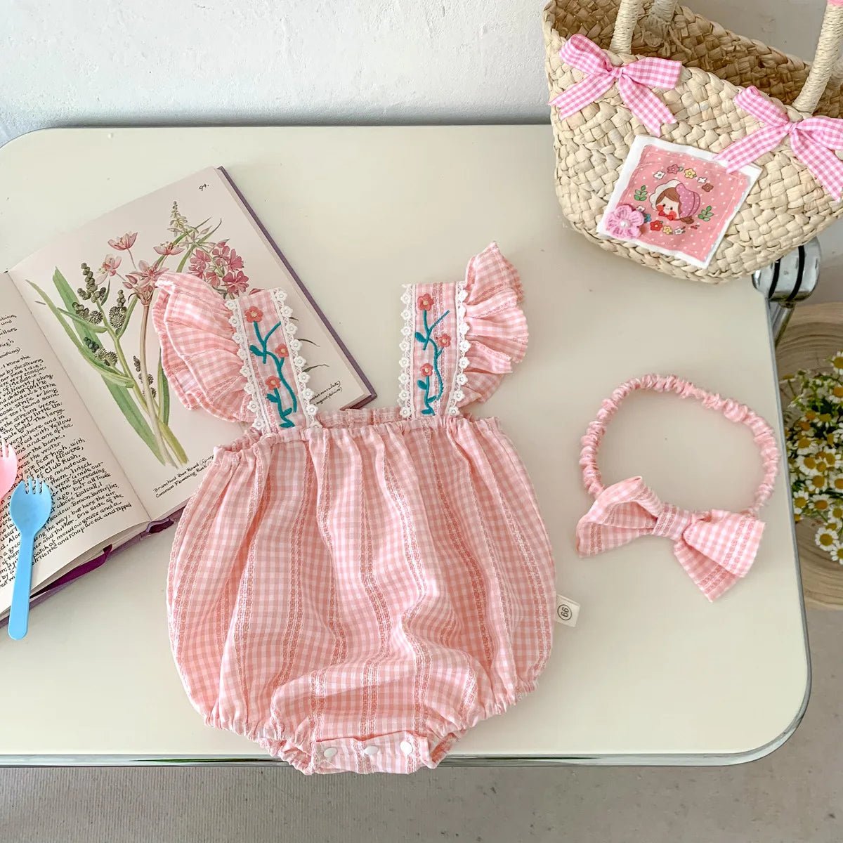 Baby Girls Sleeveless Embroidery Rose Sweet Pink Romper + Headband Suit Newborn Onesies Jumpsuit Summer Baby Clothes Set - JAC