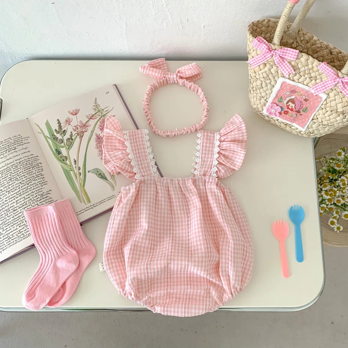 Baby Girls Sleeveless Embroidery Rose Sweet Pink Romper + Headband Suit Newborn Onesies Jumpsuit Summer Baby Clothes Set - JAC