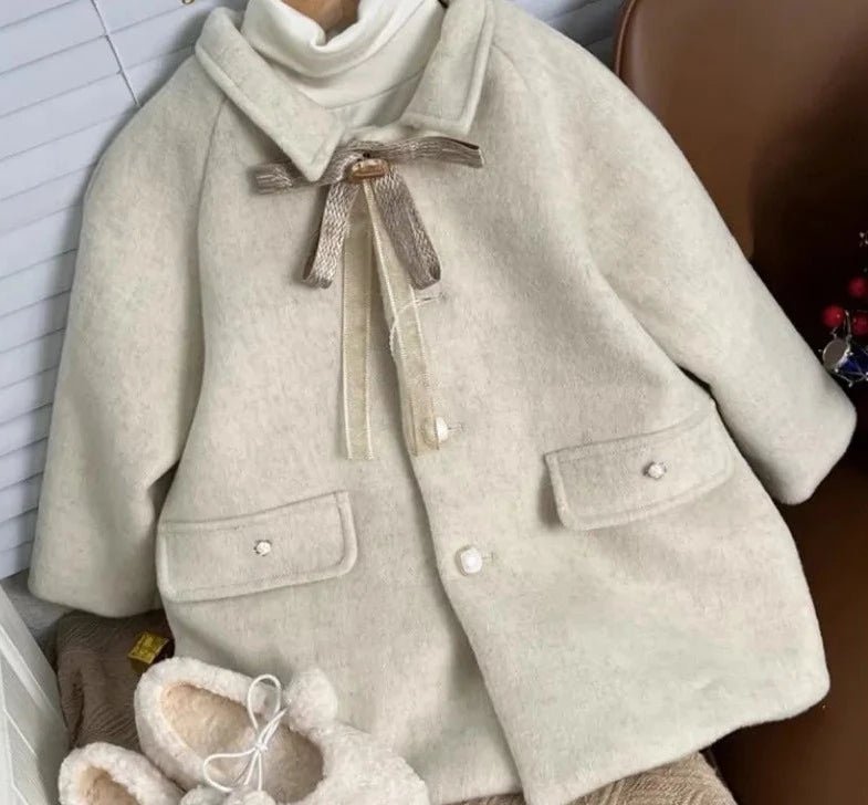 Beige Bow Lapel Coat with Pearl Buttons - JAC
