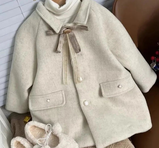 Beige Bow Lapel Coat with Pearl Buttons - JAC