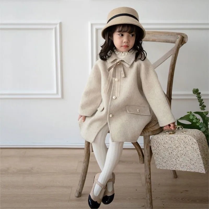 Beige Bow Lapel Coat with Pearl Buttons - JAC