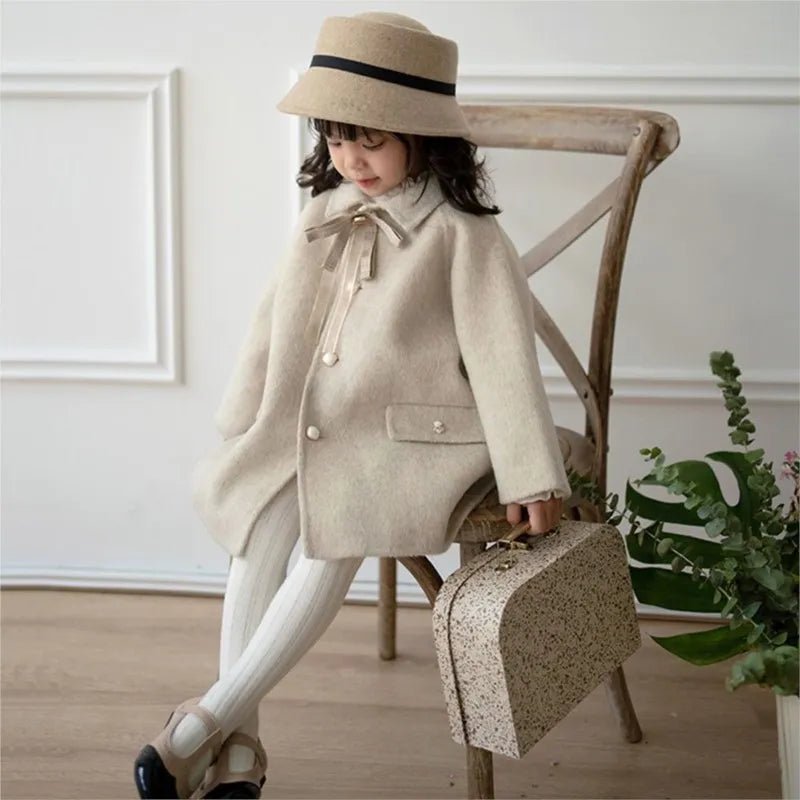 Beige Bow Lapel Coat with Pearl Buttons - JAC