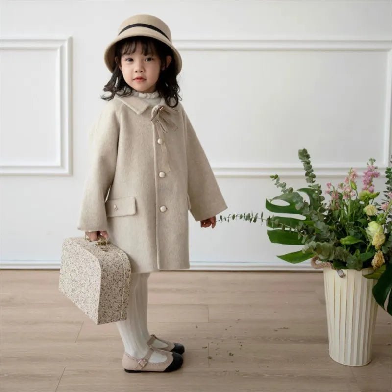 Beige Bow Lapel Coat with Pearl Buttons - JAC