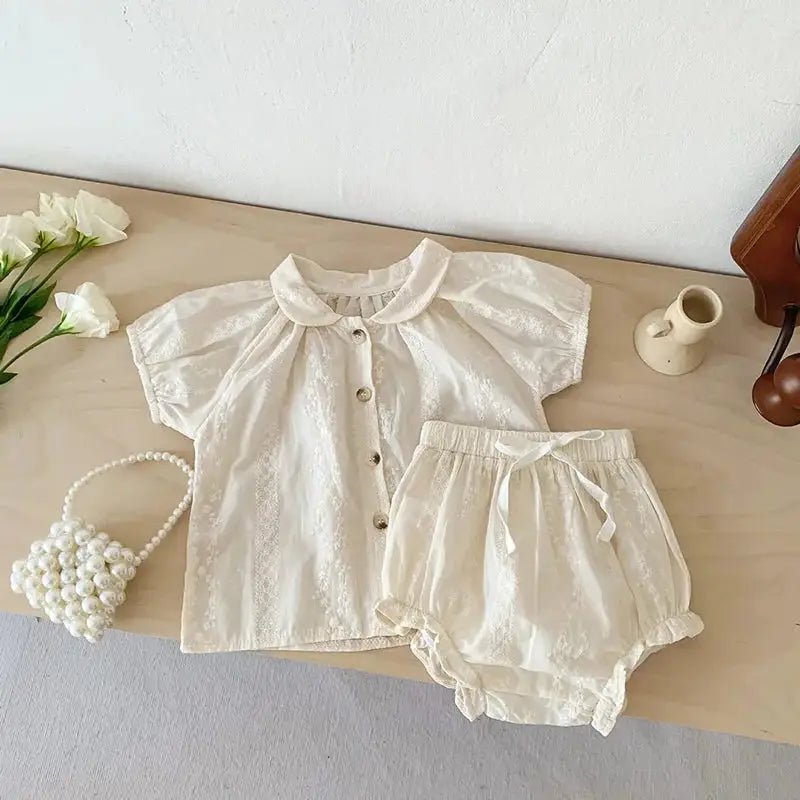 Beige Embroidered Lace Infant Shirt and Bloomers Set - JAC