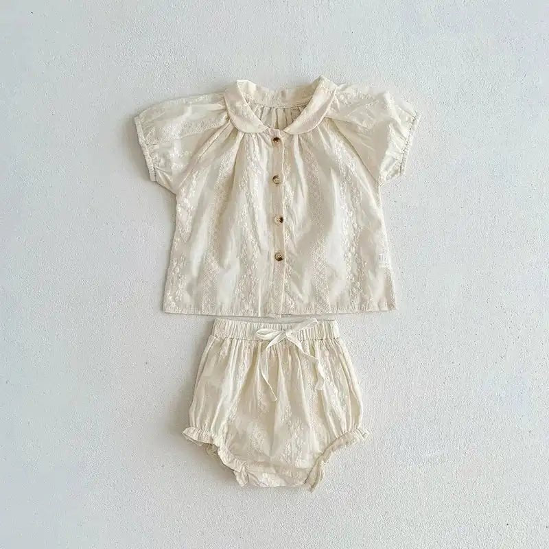 Beige Embroidered Lace Infant Shirt and Bloomers Set - JAC