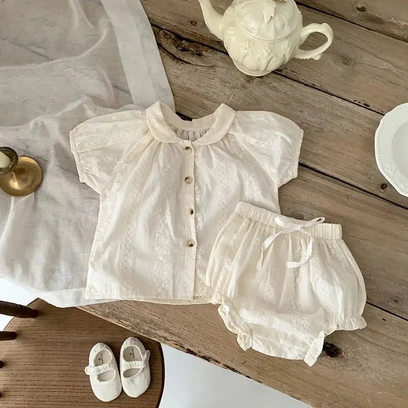 Beige Embroidered Lace Infant Shirt and Bloomers Set - JAC