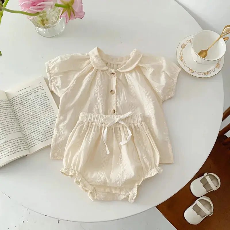 Beige Embroidered Lace Infant Shirt and Bloomers Set - JAC