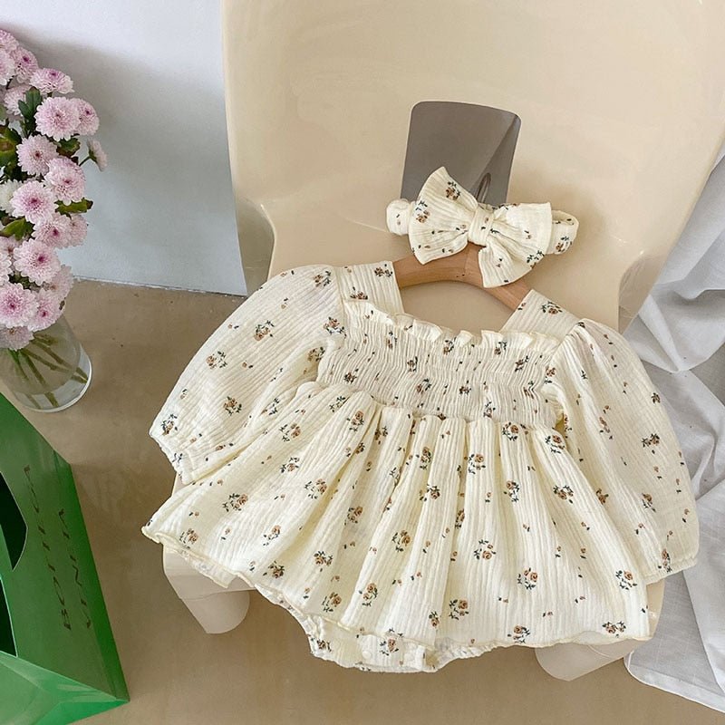 Beige Floral Ruffle Romper Set with Bow - JAC