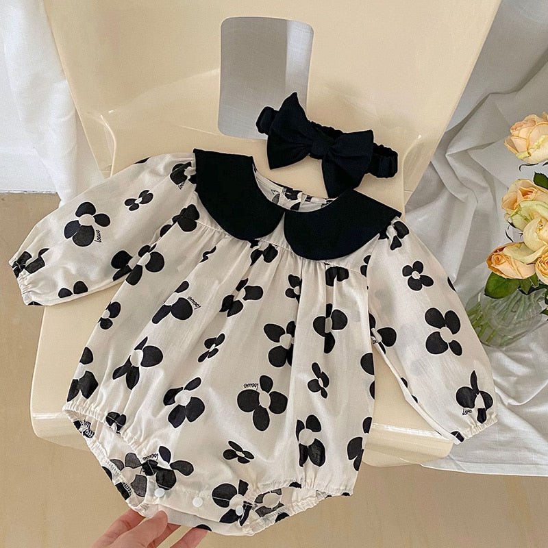 Black Collar Floral Long Sleeve Romper for Baby Girls - JAC