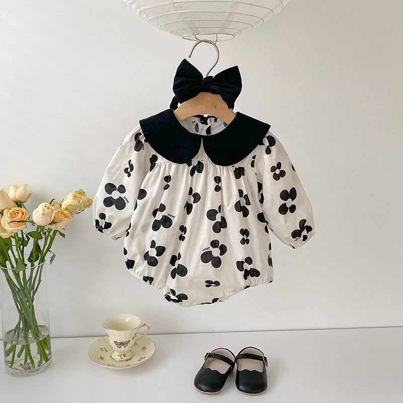 Black Collar Floral Long Sleeve Romper for Baby Girls - JAC