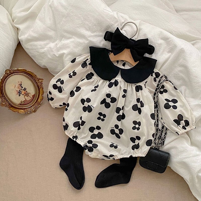 Black Collar Floral Long Sleeve Romper for Baby Girls - JAC