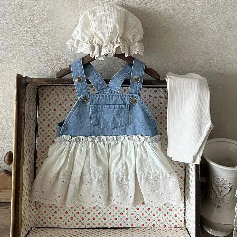 Blue and White Denim Dungaree Dress with Lace Skirt for Kids - JAC