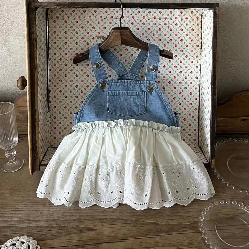 Blue and White Denim Dungaree Dress with Lace Skirt for Kids - JAC