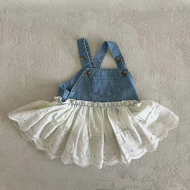 Blue and White Denim Dungaree Dress with Lace Skirt for Kids - JAC