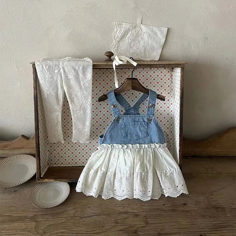 Blue and White Denim Dungaree Dress with Lace Skirt for Kids - JAC