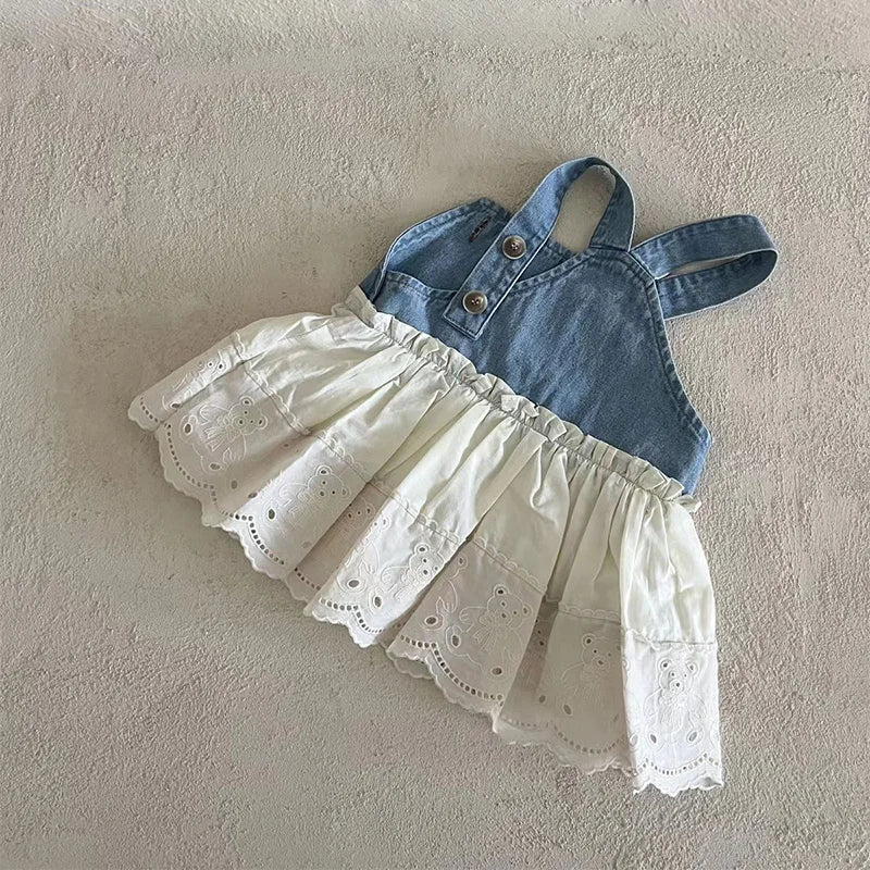 Blue and White Denim Dungaree Dress with Lace Skirt for Kids - JAC