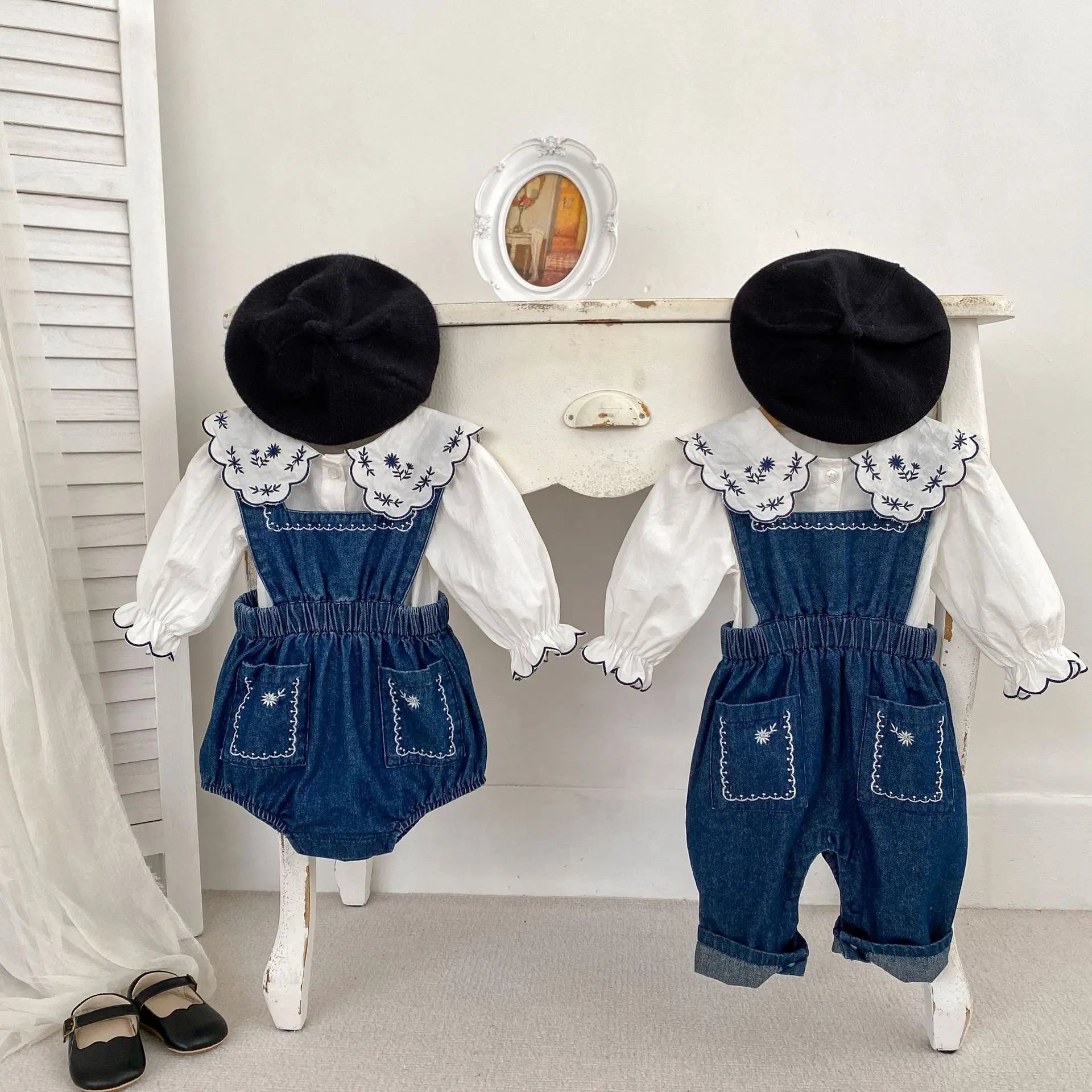 Blue Denim Romper & Overalls Set with White Blouse - JAC