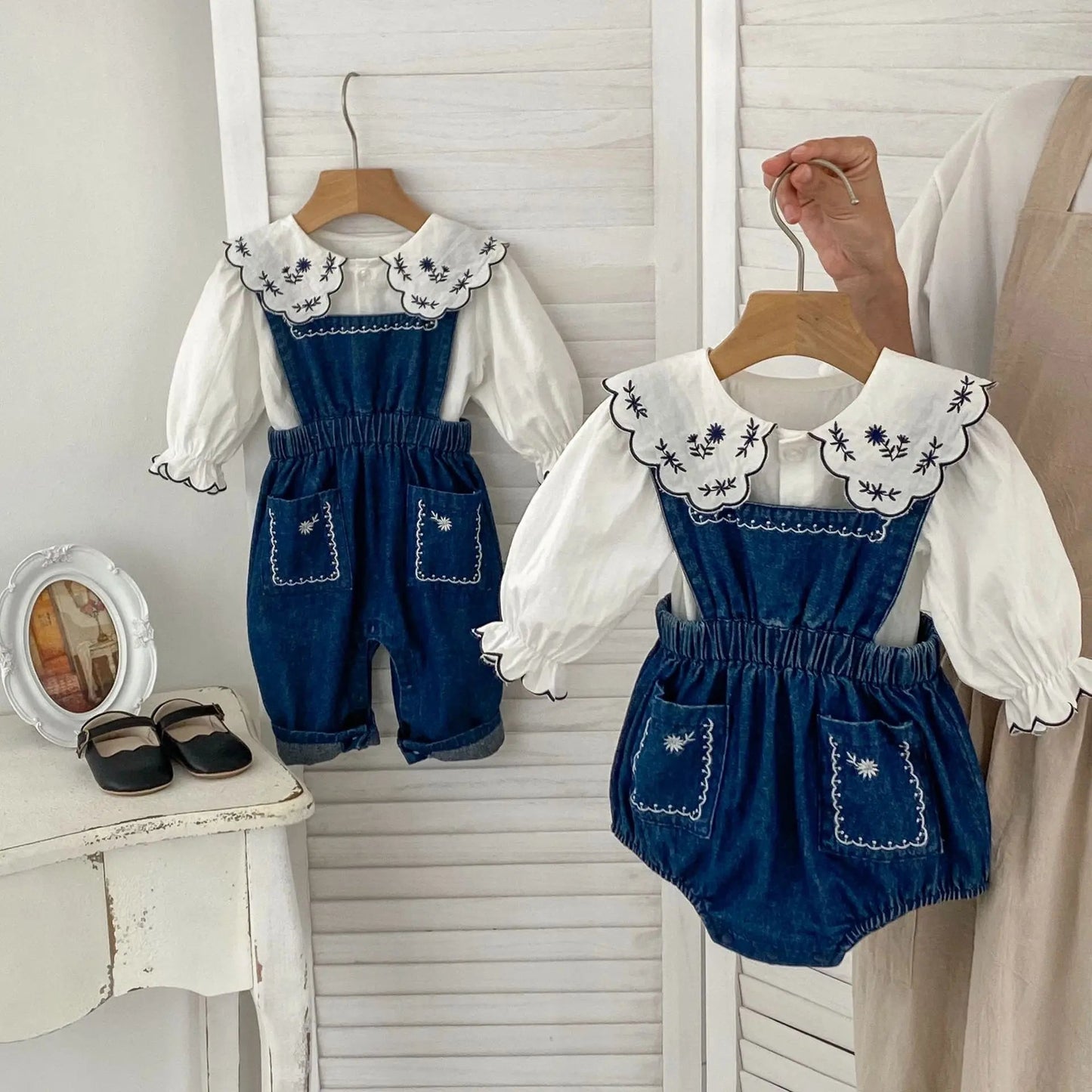 Blue Denim Romper & Overalls Set with White Blouse - JAC