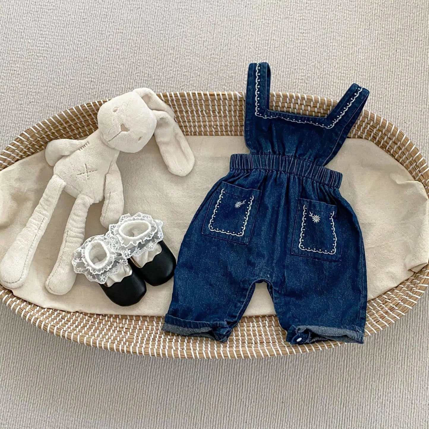 Blue Denim Romper & Overalls Set with White Blouse - JAC