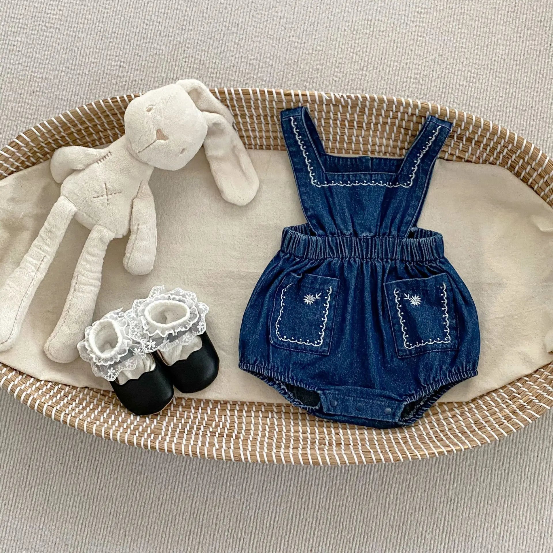 Blue Denim Romper & Overalls Set with White Blouse - JAC