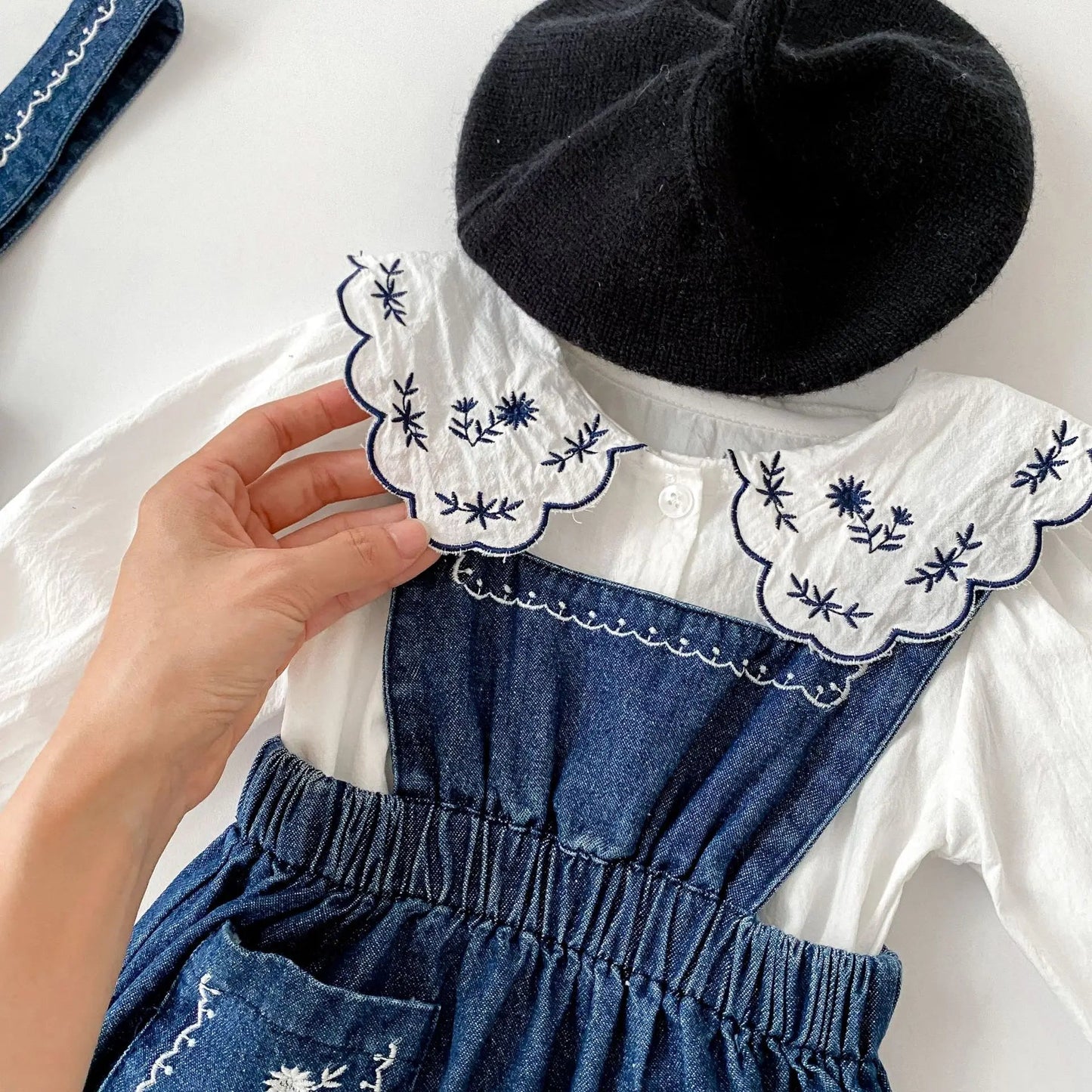 Blue Denim Romper & Overalls Set with White Blouse - JAC