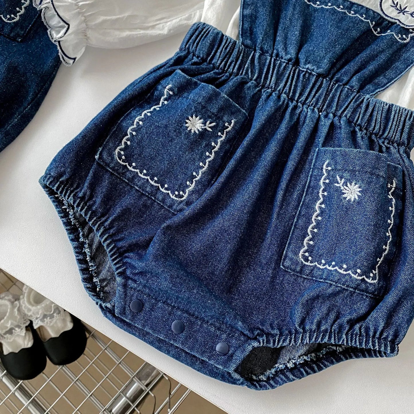 Blue Denim Romper & Overalls Set with White Blouse - JAC