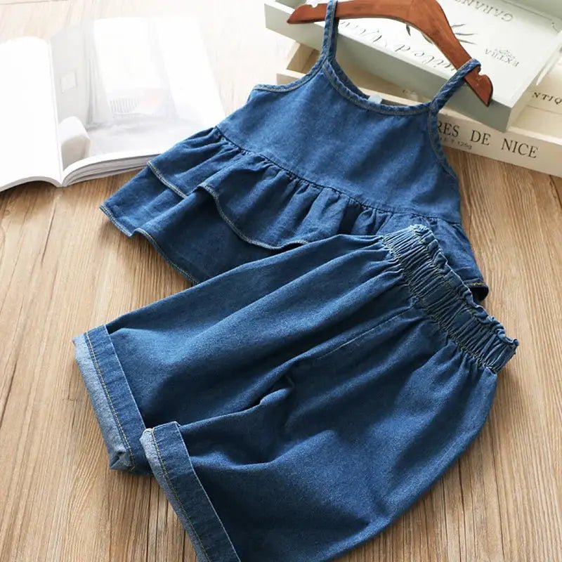 Blue Denim Ruffle Cami Top and Wide Leg Jeans Set for Girls - JAC