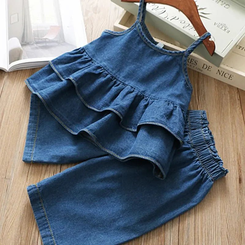 Blue Denim Ruffle Cami Top and Wide Leg Jeans Set for Girls - JAC