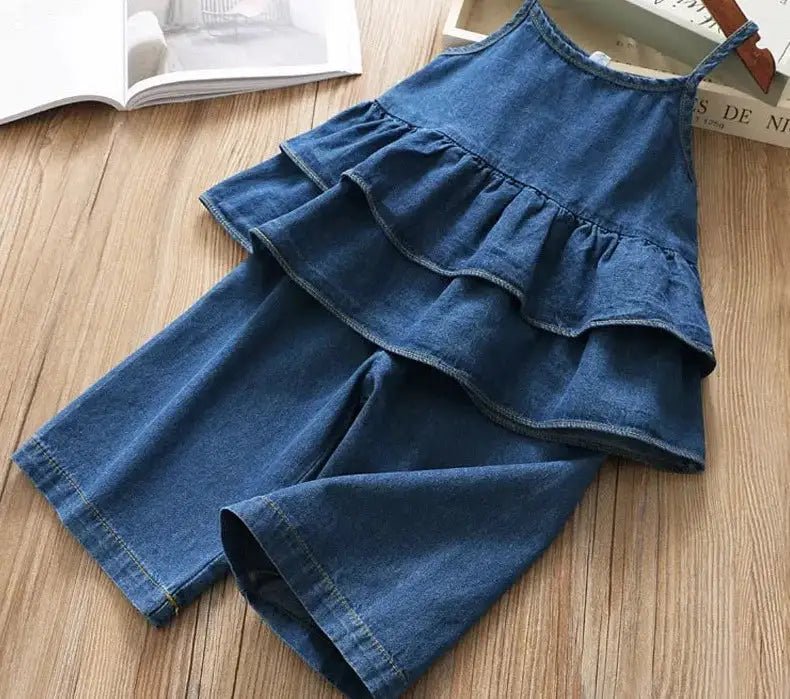 Blue Denim Ruffle Cami Top and Wide Leg Jeans Set for Girls - JAC